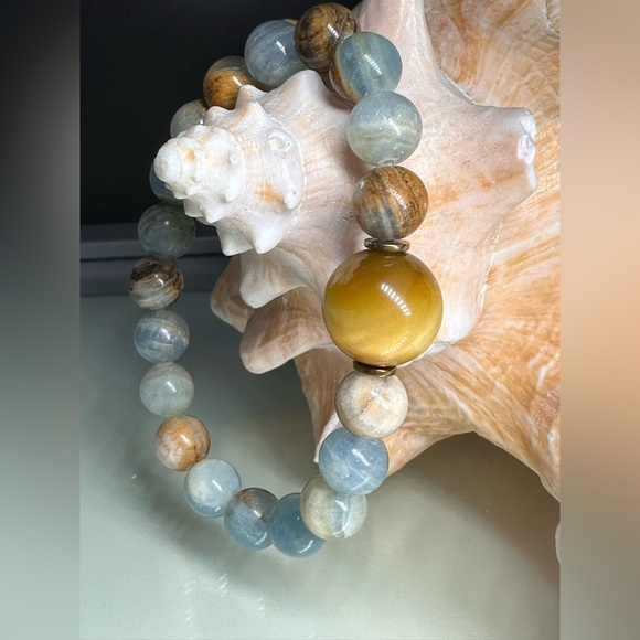 LEMURIAN AQUATINE + YELLOW TIGERS NATURAL STONES BRACELET size 7” - Picture 2 of 10
